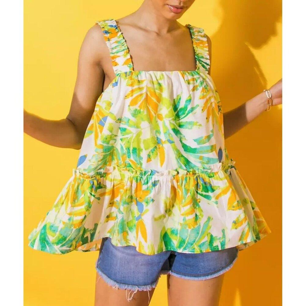 Flying Tomato Ocean Skies Tropical Print Wide Elastic Strap Cotton Tank Top Sz L